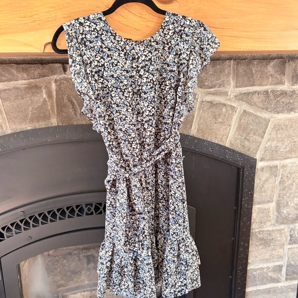 Blue Floral A-Line Ruffle Dress with Belt - Picture 1 of 6